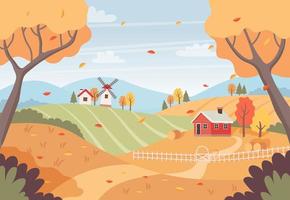 Herbstlandschaft mit Bäumen, Feldern, Häusern und Windmühle. Landschaft Landschaft. Vektorillustration im flachen Stil vektor