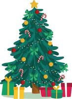 jul träd och gåva lådor, jul träd och gåva lådor. xmas närvarande under grön gran träd, gåvor låda med band. högtider presenterar vektor