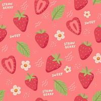 Erdbeere handgezeichnetes nahtloses Muster. süße bunte Erdbeeren mit Blumen und Blättern im Doodle-Stil, Vektorillustration vektor