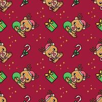süß Rentier ist tragend ein Weihnachten Geschenk Tasche und Süßigkeiten nahtlos Muster vektor