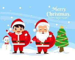 fröhlich Weihnachten und glücklich Neu Jahr Gruß Karte mit süß Santa claus und glücklich Junge vektor