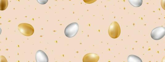 Vektor Gold und Silber 3d Ostern Eier mit Ornament nahtlos Muster auf Beige Hintergrund zum Ostern Feiertage, Illustration drucken zum Verpackung Papier, Verkauf, Werbung Hintergrund