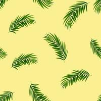 Sommer- Hintergrund, nahtlos Muster Palme Blätter auf Gelb Farbe, Muster zufällig Grün Kokosnuss Blätter, Vektor nahtlos tropisch Natur Geäst zum Urlaub Saison, Reisen, Urlaub Hintergrund