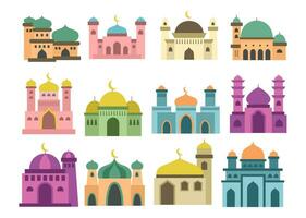 vektor uppsättning av islamic moskén. ramadan kareem, Lycklig eid mubarak. platt moské byggnad uppsättning stock illustration