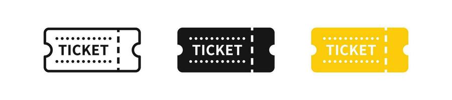 Fahrkarte Symbol. Coupon Symbol. verlosen Zeichen. Film Symbole. Konzert Symbole. Theater Veranstaltung passieren. Schwarz, Gelb Farbe. Vektor unterzeichnen.