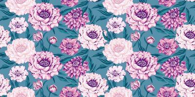 Vektor Hand gezeichnet künstlerisch schick schön Blumen nahtlos Muster. Blumen- Tapisserie. abstrakt Pfingstrosen, Dahlien Hintergrund. Vorlage zum Design, Textil, Mode, drucken, Stoff