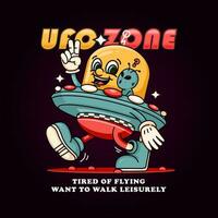 Außerirdischer Karikatur Maskottchen Tragen ein UFO Das ist Gehen gemächlich. geeignet zum Logos, Maskottchen, T-Shirts, Aufkleber und Plakate vektor