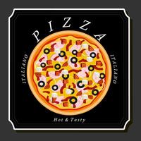 Illustration auf Thema groß heiß lecker Pizza zu Pizzeria Speisekarte vektor