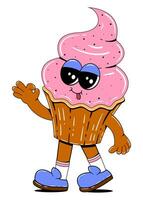 söt muffin karaktär i retro tecknad serie stil. vektor illustration av en sötsaker maskot med en glad ansikte, vapen, ben.