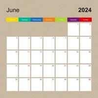Kalender Seite zum Juni 2024, Mauer Planer mit bunt Design. Woche beginnt auf Montag. vektor