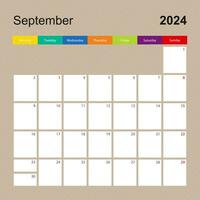 Kalender Seite zum September 2024, Mauer Planer mit bunt Design. Woche beginnt auf Montag. vektor