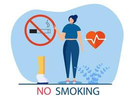 kvinna med sluta tecken kvitt rökning. före detta rökare med ny hälsa liv. begrepp av sluta rökning, friska vanor. Nej tobak dag. vektor illustration.