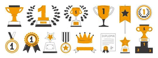 utmärkelser, koppar, medaljer för först platser och en uppsättning av podium vinnare. svart och orange Färg, hand dragen tilldela dekorativ ikoner. vektor illustration i klotter stil.