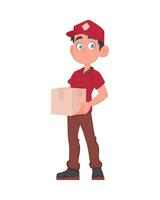 leende deliveryman med paket. vänlig kurir i röd enhetlig innehav en papper låda. vektor tecknad serie illustration.