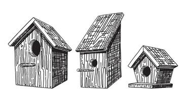 trä- fågel hus översikt ClipArt uppsättning. vår tid klotter samling. vektor illustration i gravyr stil isolerat på vit.