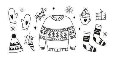 Winter Kleider und das Wesentliche - - linear Clip Art. zur Seite fahren, Socken, Fäustlinge, Hut. Gliederung Kritzeleien, Symbole, skizzieren. Weihnachten Feiertage. Färbung Buch. vektor