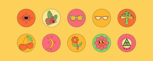 Sammlung von Jahrgang groovig Elemente. Pilze, Blume, Kirsche, Augen, Sonnenbrille und mehr. retro Vektor Kunst