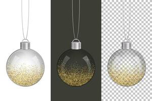 uppsättning av glas bollar med gyllene glitter konfetti. vektor