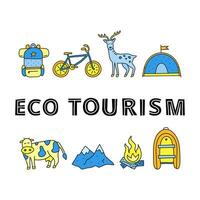 Poster mit Beschriftung und Gekritzel farbig Öko Tourismus Symbole. vektor
