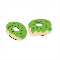 Grün Tee Matcha Donuts mit Belag. Vektor Illustration isoliert. können benutzt zum Süss Symbol, Aufkleber, Speisekarte Hintergrund, Karten, Preis Etiketten, drucken.