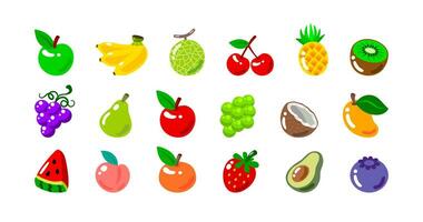 Vektor Apfel, Banane, Melone, Kirsche, Ananas, Kiwi, Traube, Birne, Zymuscus, Kokosnuss, Mango, Wassermelone, Pfirsich, orange, Erdbeere, Avocado, Blaubeere.