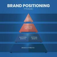 varumärke positionering begrepp vektor infographic bas på strategi pyramid modell har varumärke väsen, karaktär och värde, emotionell förmåner, rationell fördelar och märken attribut. triangel modell företag