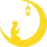 Muslim Kind beten Innerhalb Mond mit Laterne Silhouette Illustration vektor