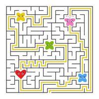 en fyrkantig labyrint. samla alla sagor och hitta en väg ut ur labyrinten. enkel platt isolerad vektor illustration. med svaret.