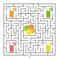en fyrkantig labyrint. samla alla glas med juice och hitta en väg ut ur labyrinten. enkel platt isolerad vektor illustration.