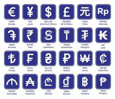 värld valuta symboler Begagnade i annorlunda länder, platt valuta ikon i blå fyrkant vektor isolerat på vit bakgrund.