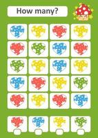räknespel för förskolebarn. matematikstudiet. hur många objekt på bilden. färg hjärtan. med plats för svar. enkel platt isolerad vektor illustration.