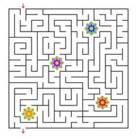 ein quadratisches Labyrinth. Sammle alle Blumen und finde einen Weg aus dem Labyrinth. einfache flache isolierte vektorillustration. vektor