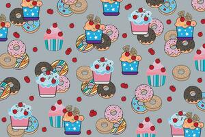 illustration av muffin och munk med körsbär på tömma bakgrund. vektor