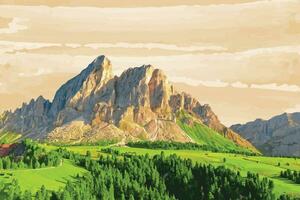 Illustration Aussicht von das Berg mit Orange Himmel und löslich Wolken Hintergrund. vektor