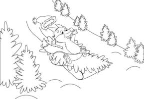 färg sida med en liten räv rullande ner de berg på en kälke och bärande en jul träd vektor