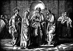 Simeon prophezeit wann Jesus ist vorgestellt beim das Tempel Jahrgang Illustration. vektor