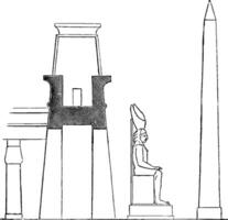 pylon på de palats på luxor, profil med kolossal staty och obelisk, årgång gravyr. vektor