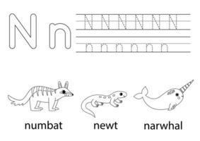 Spur Großbuchstaben und Kleinbuchstaben Brief N. Tier Alphabet zum Kinder. vektor