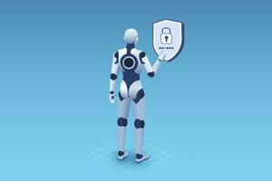 internet nätverk och dator säkerhet, ai robot låsning de säkerhet Lösenord till förhindra obehörig tillgång, uppkopplad server skydd systemet begrepp med artificiell intelligens teknologi, isometrisk vektor