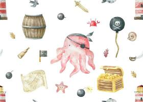 pirat sömlös mönster med bläckfisk med ögonlapp, skatt och Karta. söt bakgrund för barns saker och barnkammare design vektor