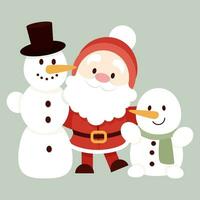 süß eben Charakter Santa claus umarmen zwei Schneemänner vektor