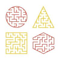 eine Reihe von farbigen Labyrinthen für Kinder. ein Quadrat, ein Kreis, ein Sechseck, ein Dreieck. einfache flache Vektorillustration lokalisiert auf weißem Hintergrund. vektor