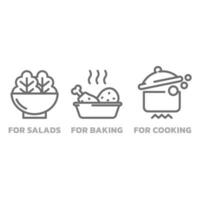 matlagning olja för sallader, för bakning och för matlagning. översikt, redigerbar stroke baka, koka upp och sallad skål ikoner. vektor