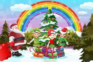 Regenbogen Weihnachten Hintergrund Cartoon Weihnachtsmann mit Elfen vektor