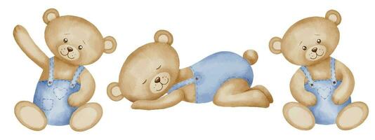 söt liten teddy björnar vattenfärg illustrationer. hand dragen uppsättning av djur- leksak för bebis dusch hälsning kort eller inbjudningar. barnslig teckning för barnkammare design eller barn vykort i pastell färger vektor