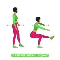Vektor Frau tun unterstützt Pistole Hocken. einer Bein Hocken. Körpergewicht Fitness Beine trainieren Übung. ein lehrreich Illustration auf ein Weiß Hintergrund.