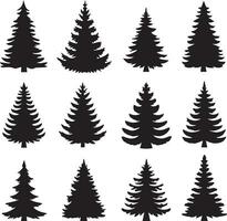 silhuett fast vektor ikon uppsättning av jul träd, yule träd, gran träd, tannenbaum, vintergröna, barrträd, tall träd, Semester träd, festlig träd, dekorerad träd, säsong- träd.