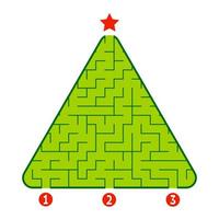 abstraktes dreieckiges Labyrinth. Spiel für Kinder. Puzzle für Kinder. Finde den richtigen Weg zum Stern. Labyrinth Rätsel. flache Vektorillustration lokalisiert auf weißem Hintergrund. Weihnachtsbaum. vektor