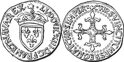 mynt valuta, Louis xiii av Frankrike, årgång gravyr vektor