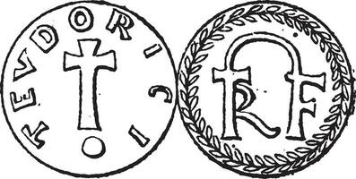 mynt valuta, merovinger dynasti, årgång gravyr vektor